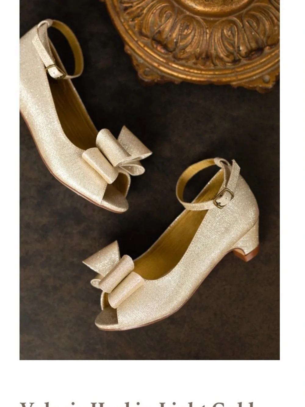 Joyfolie Valeria light Gold Glitter Bow Peep-Toe Ankle Strap Heels